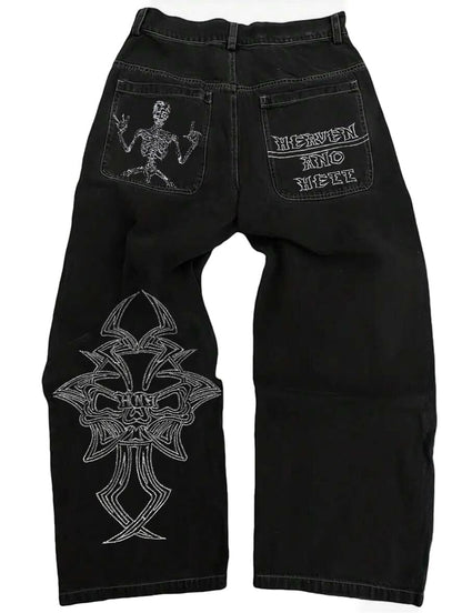 Y2K Skull Embroidery Gothic Jeans