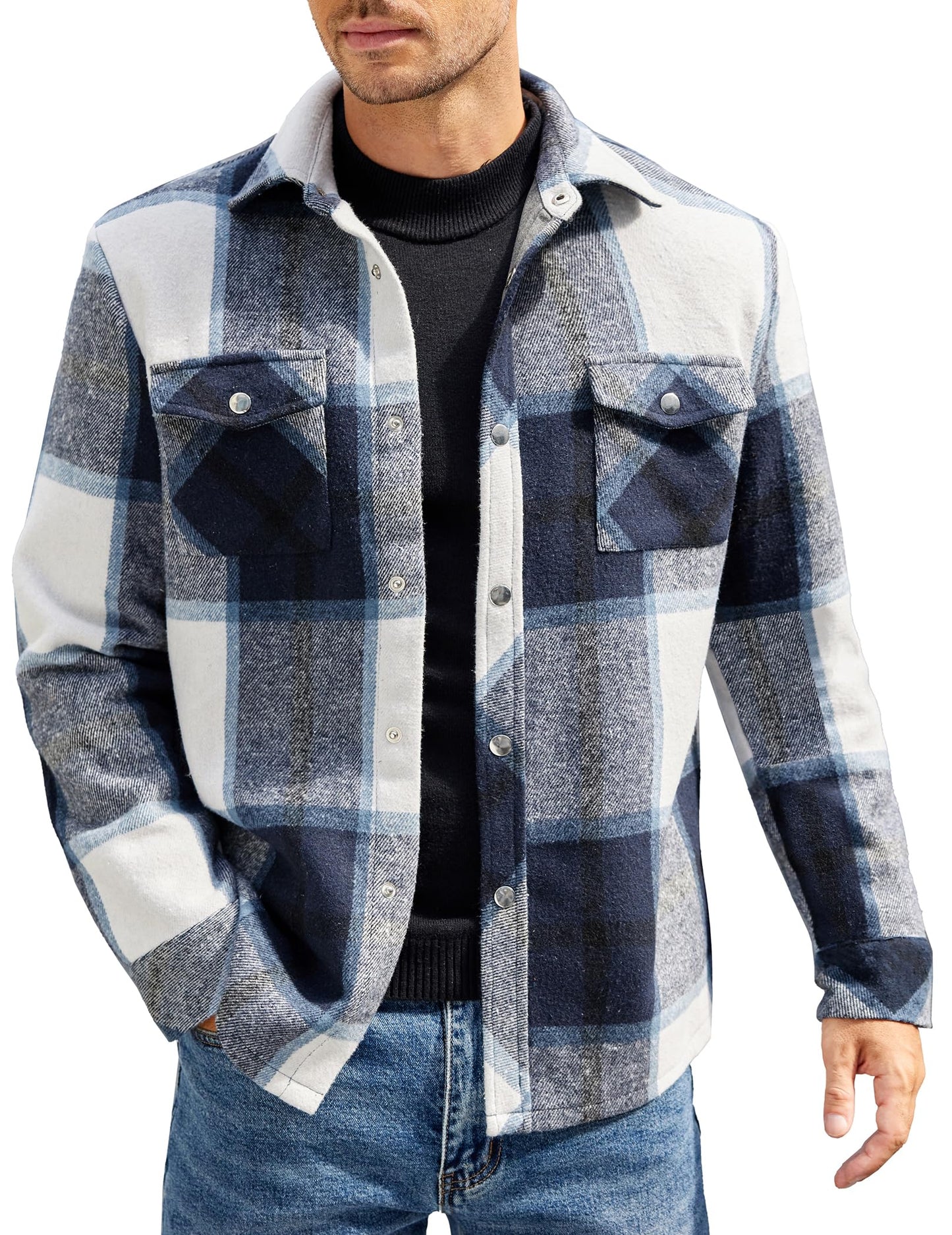 COOFANDY Men's Sherpa-Lined Flannel Shacket - Navy Medium