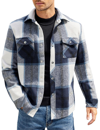 COOFANDY Men's Sherpa-Lined Flannel Shacket - Navy Medium