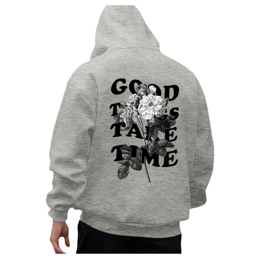 Oversized Hoodie for Men Good Things Take Time & Rose Shape Print Pullover Tops Drop Shoulder Comfy Oversize Fashion Graphic Sweatshirts for Men (A04 GreyL)