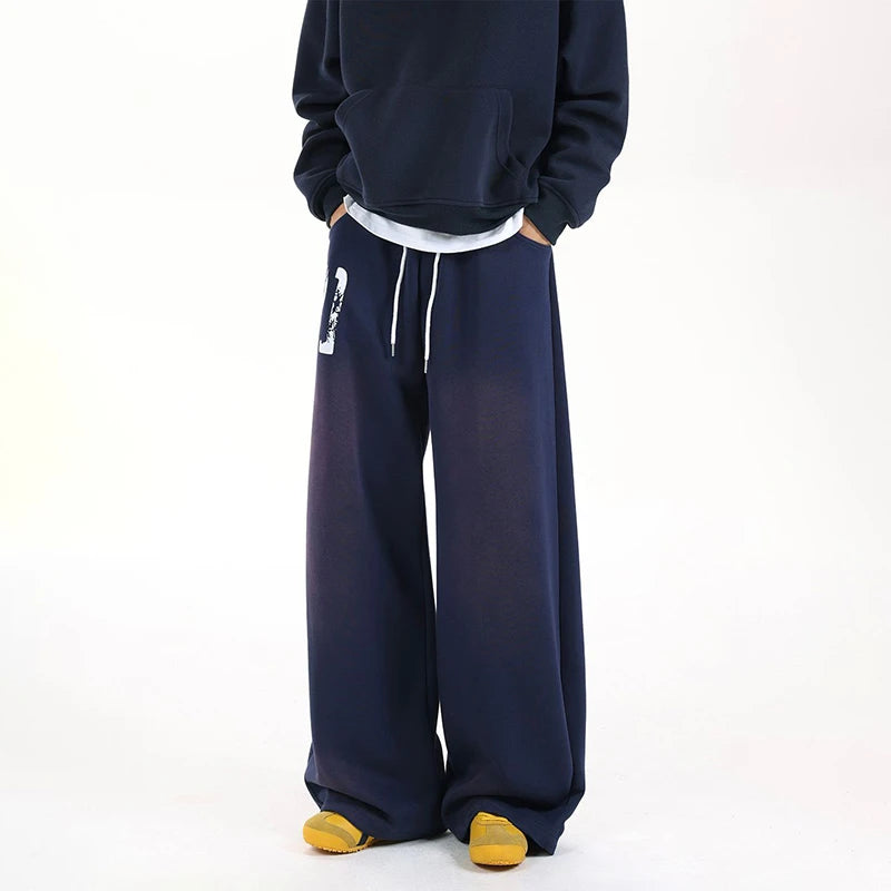 Loose Straight-cut Athletic Pants, Trendy Brand, American Retro Letter Print Drawstring Sweatpants Men's Cowboy Jeans
