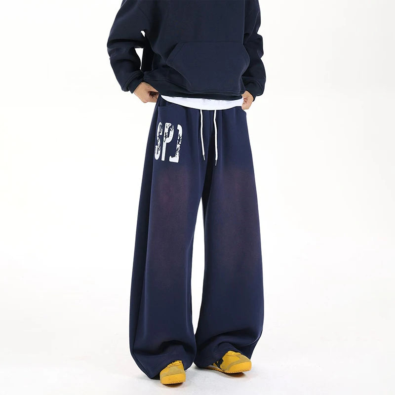 Loose Straight-cut Athletic Pants, Trendy Brand, American Retro Letter Print Drawstring Sweatpants Men's Cowboy Jeans