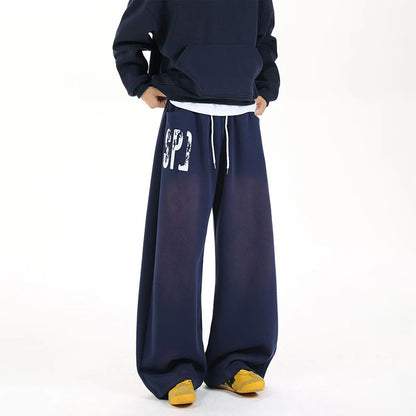Loose Straight-cut Athletic Pants, Trendy Brand, American Retro Letter Print Drawstring Sweatpants Men's Cowboy Jeans