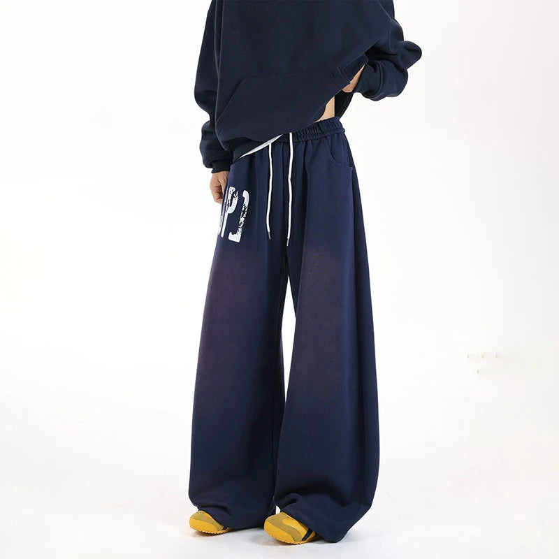 Loose Straight-cut Athletic Pants, Trendy Brand, American Retro Letter Print Drawstring Sweatpants Men's Cowboy Jeans