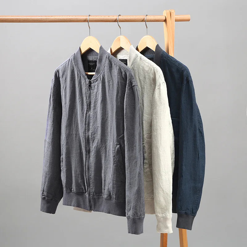 Spring Summer Men's Jacket Daily Male Coat Japanese Retro Baseball Uniforms Solid Stand Collar Zipper Linen Jackets Man