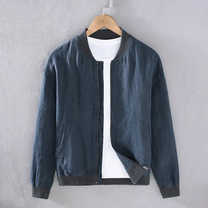 Spring Summer Men's Jacket Daily Male Coat Japanese Retro Baseball Uniforms Solid Stand Collar Zipper Linen Jackets Man