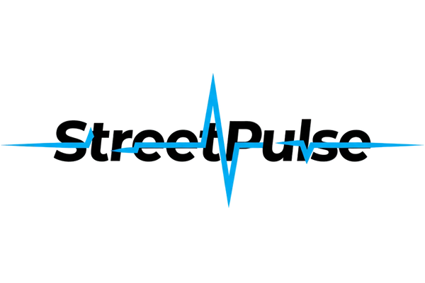 The StreetPulse brand logo is shown in black text with a bright blue EKG-style heartbeat line running horizontally across it, set on a transparent checkerboard background.